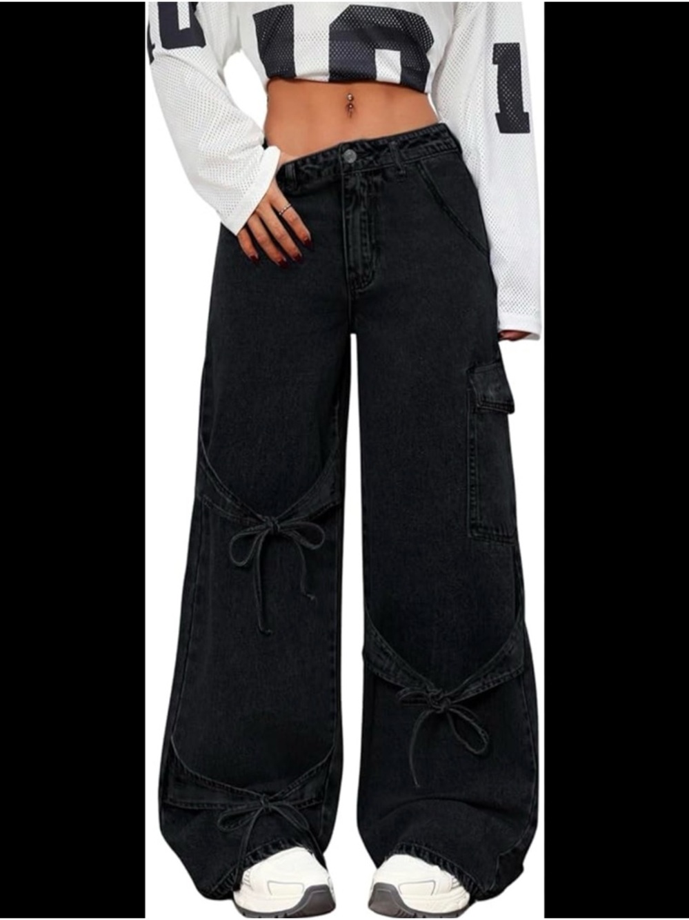 Cider Black Wide-Leg Cargo Drawstring Jeans